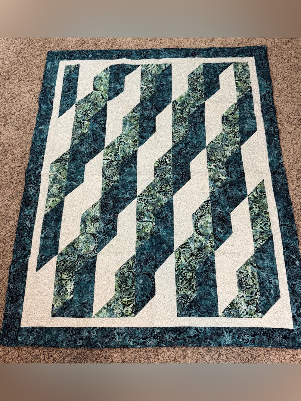 Handmade RARE Patchwork Blue and Teal Patterned Home Bedding Quilt